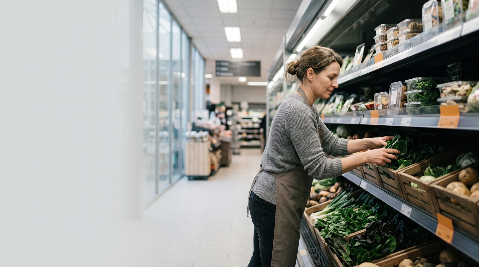 Une prestataire indépendante dispose des légumes dans le rayon frais d’un supermarché.