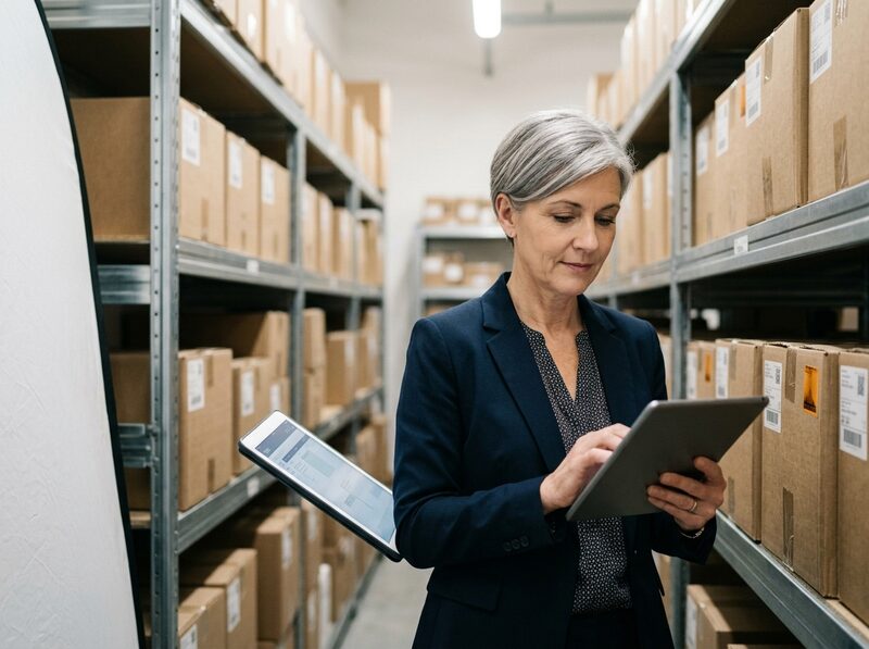 Une femme consulte une tablette dans une réserve, entre des étagères de cartons.