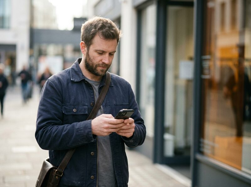 Un homme marche dans une rue commerçante, le regard sur son téléphone.