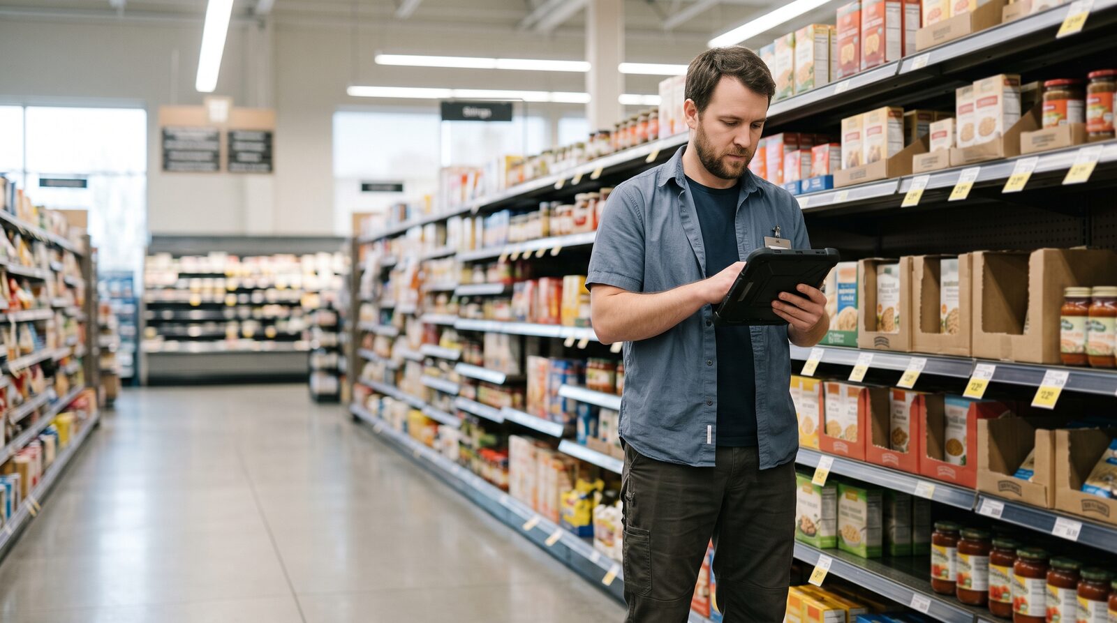 Un homme en chemise bleue consulte une tablette devant un rayon d’épicerie sèche, dans l’allée d’un magasin.