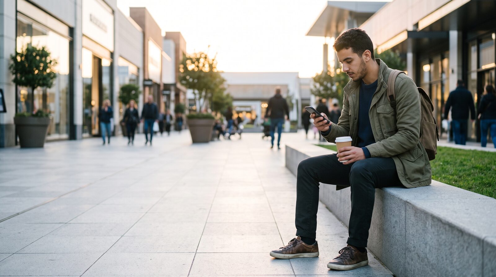 Un homme assis sur un muret de béton, sur le parvis d’un centre commercial, regarde son téléphone, un gobelet de café à la main.